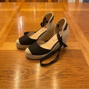 Black and Tan Espadrille Wedge Sandals with Ankle Strap